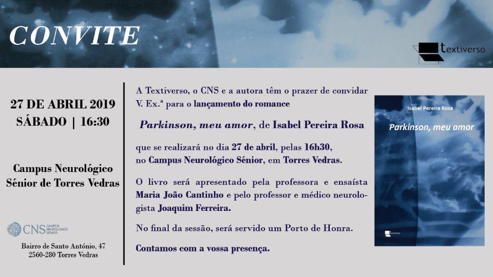 Convite lançamento livro Parkinson meu Amor de Isabel Pereira Rosa